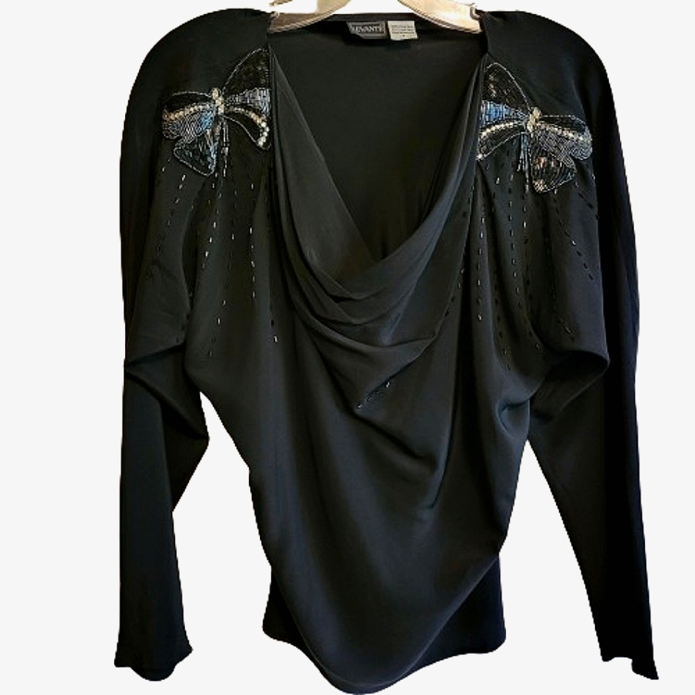 Levante vintage women's sequin&beaded butterflies 100% silk black blouse size S
